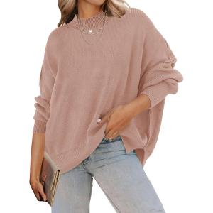 imageZESICA Womens Fall 2025 Casual Long Sleeve Crew Neck Side Slit Oversized Ribbed Knit Pullover Sweater TopsAlmond
