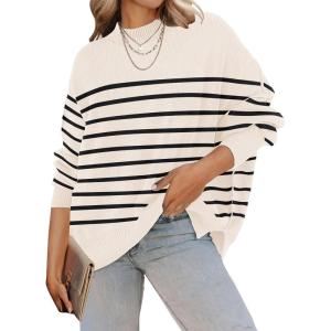 imageZESICA Womens Fall 2025 Casual Long Sleeve Crew Neck Side Slit Oversized Ribbed Knit Pullover Sweater TopsApricotstripe