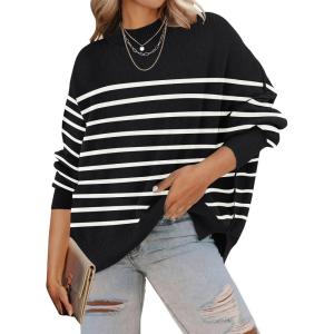 imageZESICA Womens Fall 2025 Casual Long Sleeve Crew Neck Side Slit Oversized Ribbed Knit Pullover Sweater TopsBlackstripe