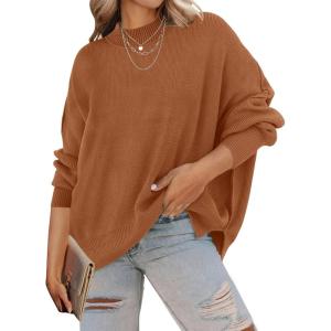 imageZESICA Womens Fall 2025 Casual Long Sleeve Crew Neck Side Slit Oversized Ribbed Knit Pullover Sweater TopsCaramel