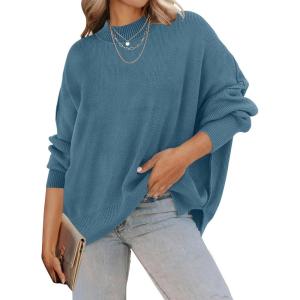 imageZESICA Womens Fall 2025 Casual Long Sleeve Crew Neck Side Slit Oversized Ribbed Knit Pullover Sweater TopsDustyblue