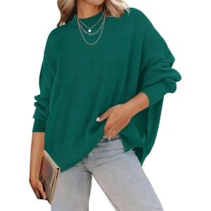 imageZESICA Womens Fall 2025 Casual Long Sleeve Crew Neck Side Slit Oversized Ribbed Knit Pullover Sweater TopsForestgreen