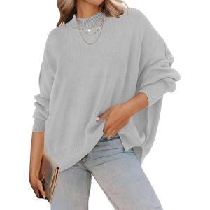 imageZESICA Womens Fall 2025 Casual Long Sleeve Crew Neck Side Slit Oversized Ribbed Knit Pullover Sweater TopsGrey