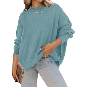 imageZESICA Womens Fall 2025 Casual Long Sleeve Crew Neck Side Slit Oversized Ribbed Knit Pullover Sweater TopsLake