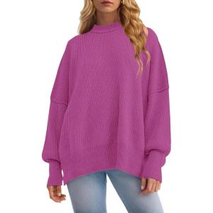 imageZESICA Womens Fall 2025 Casual Long Sleeve Crew Neck Side Slit Oversized Ribbed Knit Pullover Sweater TopsLilac