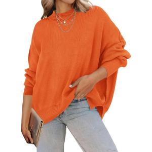 imageZESICA Womens Fall 2025 Casual Long Sleeve Crew Neck Side Slit Oversized Ribbed Knit Pullover Sweater TopsOrange