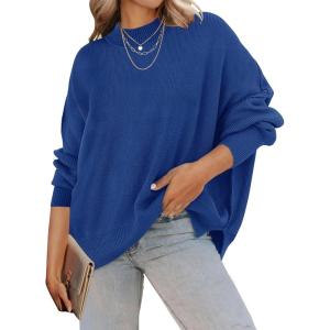 imageZESICA Womens Fall 2025 Casual Long Sleeve Crew Neck Side Slit Oversized Ribbed Knit Pullover Sweater TopsRoyalblue