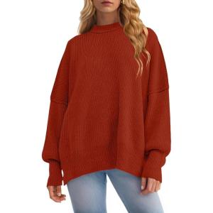 imageZESICA Womens Fall 2025 Casual Long Sleeve Crew Neck Side Slit Oversized Ribbed Knit Pullover Sweater TopsRust