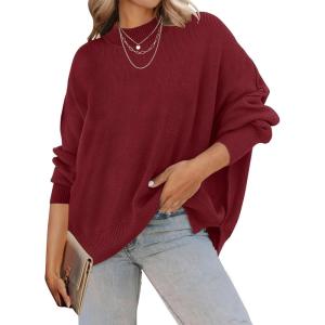 imageZESICA Womens Fall 2025 Casual Long Sleeve Crew Neck Side Slit Oversized Ribbed Knit Pullover Sweater TopsWine