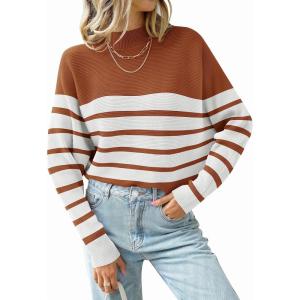 imageZESICA Womens Fall 2025 Turtleneck Batwing Long Sleeve Ribbed Knit Casual Soft Pullover Sweater Jumper TopBrown