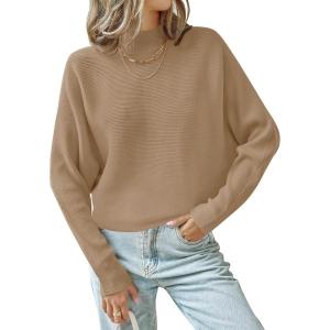 imageZESICA Womens Fall 2025 Turtleneck Batwing Long Sleeve Ribbed Knit Casual Soft Pullover Sweater Jumper TopCamel