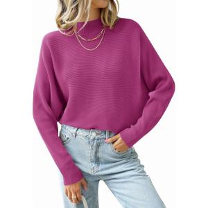 imageZESICA Womens Fall 2025 Turtleneck Batwing Long Sleeve Ribbed Knit Casual Soft Pullover Sweater Jumper TopEggplant