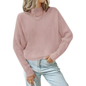imageZESICA Womens Fall 2025 Turtleneck Batwing Long Sleeve Ribbed Knit Casual Soft Pullover Sweater Jumper TopPink