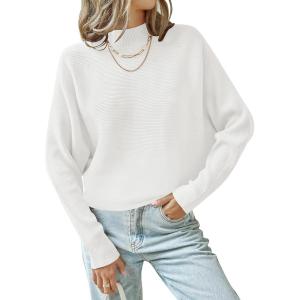 imageZESICA Womens Fall 2025 Turtleneck Batwing Long Sleeve Ribbed Knit Casual Soft Pullover Sweater Jumper TopWhite
