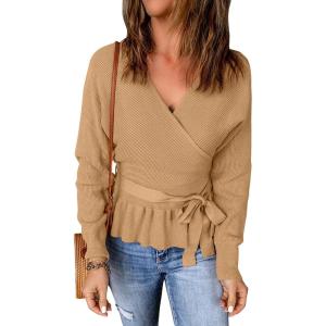 imageZESICA Womens Fall 2025 Wrap V Neck Long Batwing Sleeve Belted Waist Ruffle Knitted Sweater Pullover TopCamel