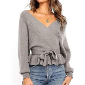 imageZESICA Womens Fall 2025 Wrap V Neck Long Batwing Sleeve Belted Waist Ruffle Knitted Sweater Pullover TopGrey