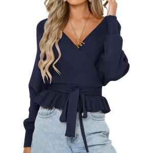 imageZESICA Womens Fall 2025 Wrap V Neck Long Batwing Sleeve Belted Waist Ruffle Knitted Sweater Pullover TopNavy