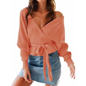 imageZESICA Womens Fall 2025 Wrap V Neck Long Batwing Sleeve Belted Waist Ruffle Knitted Sweater Pullover TopPeach