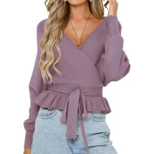 imageZESICA Womens Fall 2025 Wrap V Neck Long Batwing Sleeve Belted Waist Ruffle Knitted Sweater Pullover TopPurple