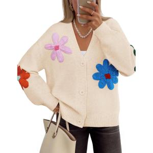 imageZESICA Womens Fall Floral Cardigan Sweaters 2025 Casual Long Sleeve Open Front Button Down V Neck Knit SweaterApricot