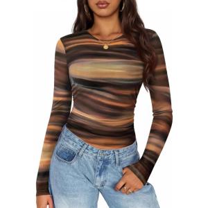 imageZESICA Womens Floral Mesh Going Out Tops Fall Long Sleeve Crewneck Slim Fit Ruched Y2k Shirts Beach Vacation OutfitsBrown