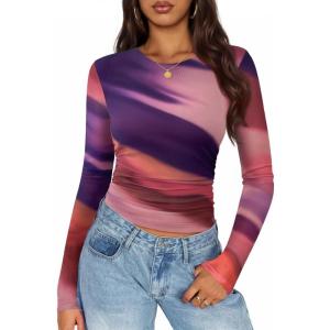 imageZESICA Womens Floral Mesh Going Out Tops Fall Long Sleeve Crewneck Slim Fit Ruched Y2k Shirts Beach Vacation OutfitsMulticolour