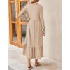 imageZESICA Womens 2025 Fall Long Sleeve Dress Crewneck Casual Loose Pleated Tiered Swing Midi Dresses with PocketsApricot
