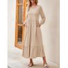 imageZESICA Womens 2025 Fall Long Sleeve Dress Crewneck Casual Loose Pleated Tiered Swing Midi Dresses with PocketsApricot