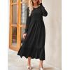 imageZESICA Womens 2025 Fall Long Sleeve Dress Crewneck Casual Loose Pleated Tiered Swing Midi Dresses with PocketsBlack