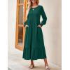 imageZESICA Womens 2025 Fall Long Sleeve Dress Crewneck Casual Loose Pleated Tiered Swing Midi Dresses with PocketsDarkgreen