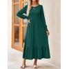 imageZESICA Womens 2025 Fall Long Sleeve Dress Crewneck Casual Loose Pleated Tiered Swing Midi Dresses with PocketsDarkgreen