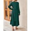 imageZESICA Womens 2025 Fall Long Sleeve Dress Crewneck Casual Loose Pleated Tiered Swing Midi Dresses with PocketsDarkgreen