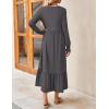 imageZESICA Womens 2025 Fall Long Sleeve Dress Crewneck Casual Loose Pleated Tiered Swing Midi Dresses with PocketsDarkgrey