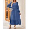 imageZESICA Womens 2025 Fall Long Sleeve Dress Crewneck Casual Loose Pleated Tiered Swing Midi Dresses with PocketsDustyblue