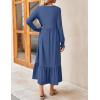imageZESICA Womens 2025 Fall Long Sleeve Dress Crewneck Casual Loose Pleated Tiered Swing Midi Dresses with PocketsDustyblue