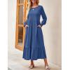 imageZESICA Womens 2025 Fall Long Sleeve Dress Crewneck Casual Loose Pleated Tiered Swing Midi Dresses with PocketsDustyblue