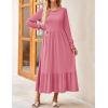 imageZESICA Womens 2025 Fall Long Sleeve Dress Crewneck Casual Loose Pleated Tiered Swing Midi Dresses with PocketsPink