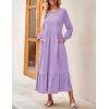 imageZESICA Womens 2025 Fall Long Sleeve Dress Crewneck Casual Loose Pleated Tiered Swing Midi Dresses with PocketsPurple