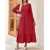 imageZESICA Womens 2025 Fall Long Sleeve Dress Crewneck Casual Loose Pleated Tiered Swing Midi Dresses with PocketsRed