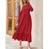 imageZESICA Womens 2025 Fall Long Sleeve Dress Crewneck Casual Loose Pleated Tiered Swing Midi Dresses with PocketsRed