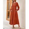 imageZESICA Womens 2025 Fall Long Sleeve Dress Crewneck Casual Loose Pleated Tiered Swing Midi Dresses with PocketsRust