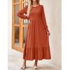 imageZESICA Womens 2025 Fall Long Sleeve Dress Crewneck Casual Loose Pleated Tiered Swing Midi Dresses with PocketsRust