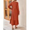 imageZESICA Womens 2025 Fall Long Sleeve Dress Crewneck Casual Loose Pleated Tiered Swing Midi Dresses with PocketsRust