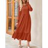 imageZESICA Womens 2025 Fall Long Sleeve Dress Crewneck Casual Loose Pleated Tiered Swing Midi Dresses with PocketsRust