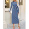 imageZESICA Womens 2025 Fall Long Sleeve Mock Neck Bodycon Midi Dress Ruched Knit Elegant Party Cocktail Formal DressesDustyblue