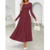 imageZESICA Womens Elegant Long Sleeve Maxi Dress 2025 Fall Crewneck Knit High Wasit Pleated Flowy A Line Casual Party DressesFuchsia