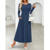 imageZESICA Womens Elegant Long Sleeve Maxi Dress 2025 Fall Crewneck Knit High Wasit Pleated Flowy A Line Casual Party DressesNavy