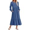 imageZESICA Womens 2025 Fall Long Sleeve Dress Crewneck Casual Loose Pleated Tiered Swing Midi Dresses with PocketsDustyblue
