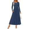 imageZESICA Womens Elegant Long Sleeve Maxi Dress 2025 Fall Crewneck Knit High Wasit Pleated Flowy A Line Casual Party DressesNavy