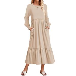 imageZESICA Womens 2025 Fall Long Sleeve Dress Crewneck Casual Loose Pleated Tiered Swing Midi Dresses with PocketsApricot